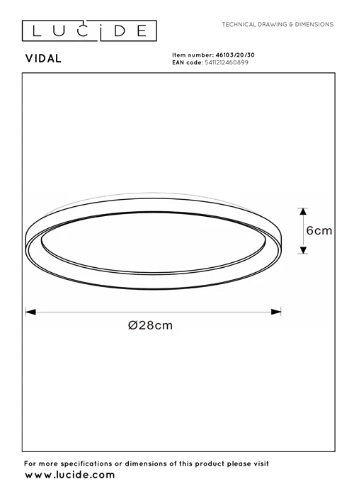 Lucide VIDAL - Deckenleuchte - Ø 28 cm - LED Dim. - 1x20W 2700K - Schwarz - technisch